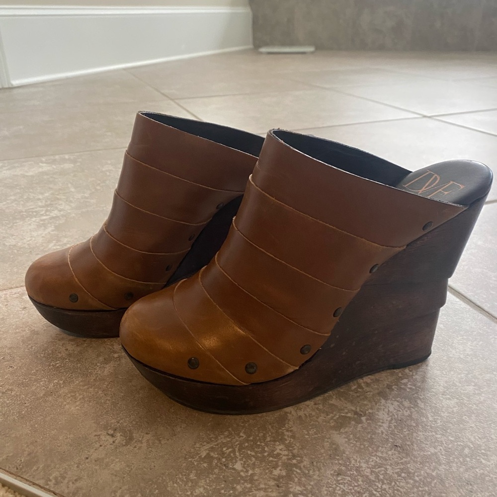 Diane Von Furstenberg Brown Leather Wedge Mules